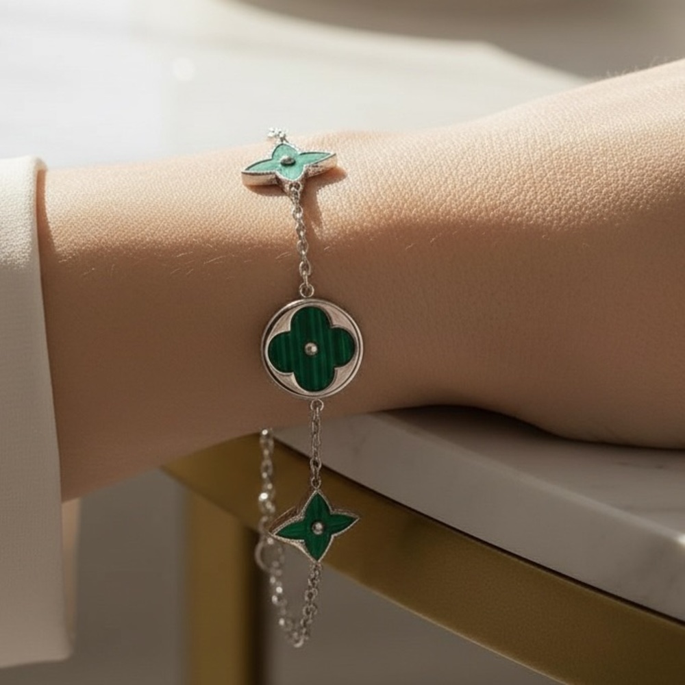 Silver Green Flower Clover Bracelet, Charm, Chain Link Gift Gir…